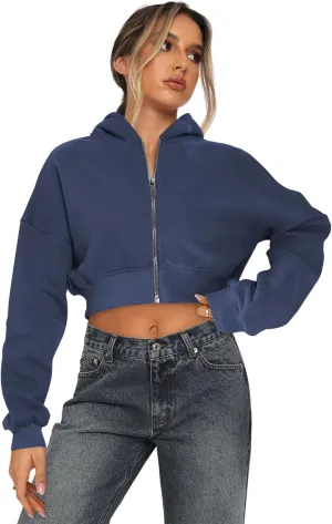 Womens Cropped Zip Up Hoodies Loose Fleece Sweatshirts Casual Hooded Jackets Trendy Y2K Clothes