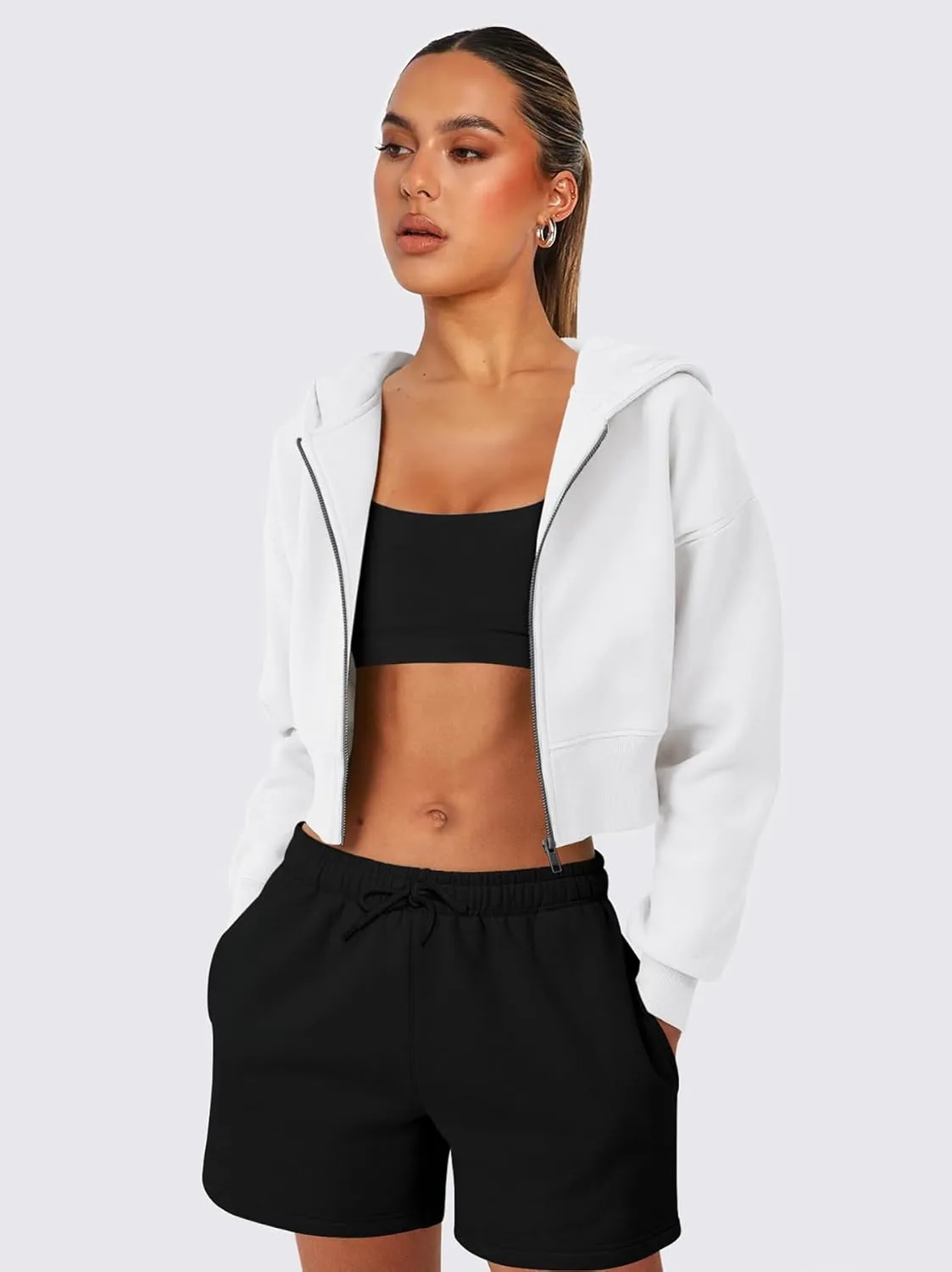 Womens Cropped Zip Up Hoodies Loose Fleece Sweatshirts Casual Hooded Jackets Trendy Y2K Clothes