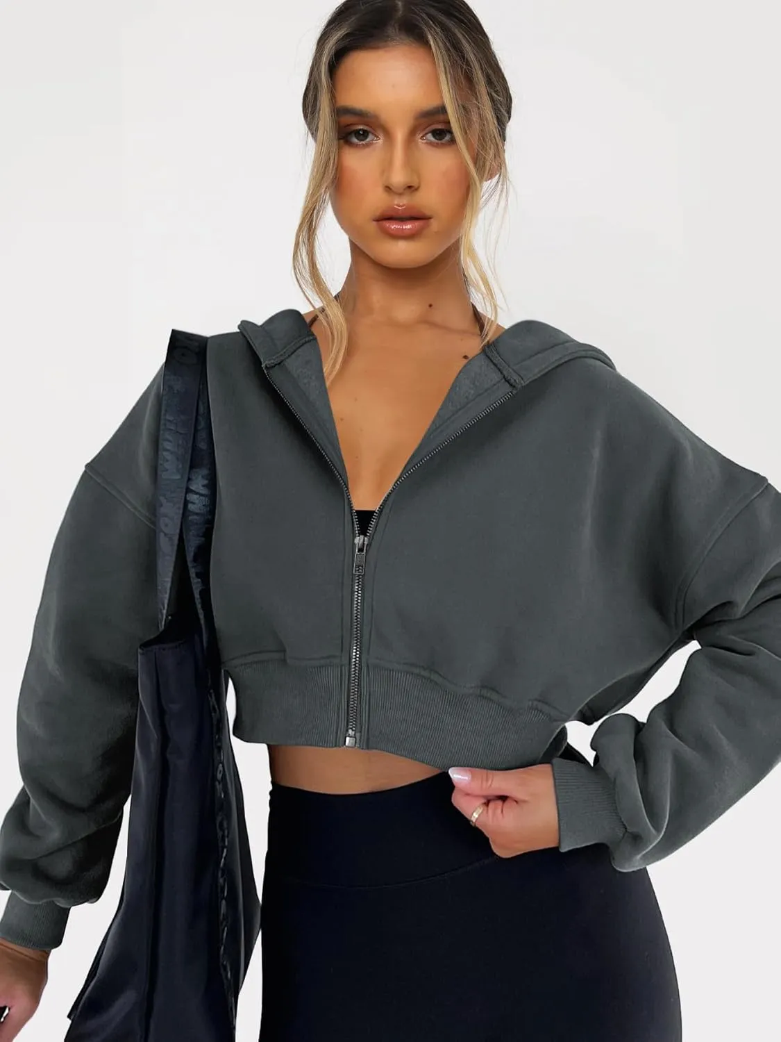 Womens Cropped Zip Up Hoodies Loose Fleece Sweatshirts Casual Hooded Jackets Trendy Y2K Clothes