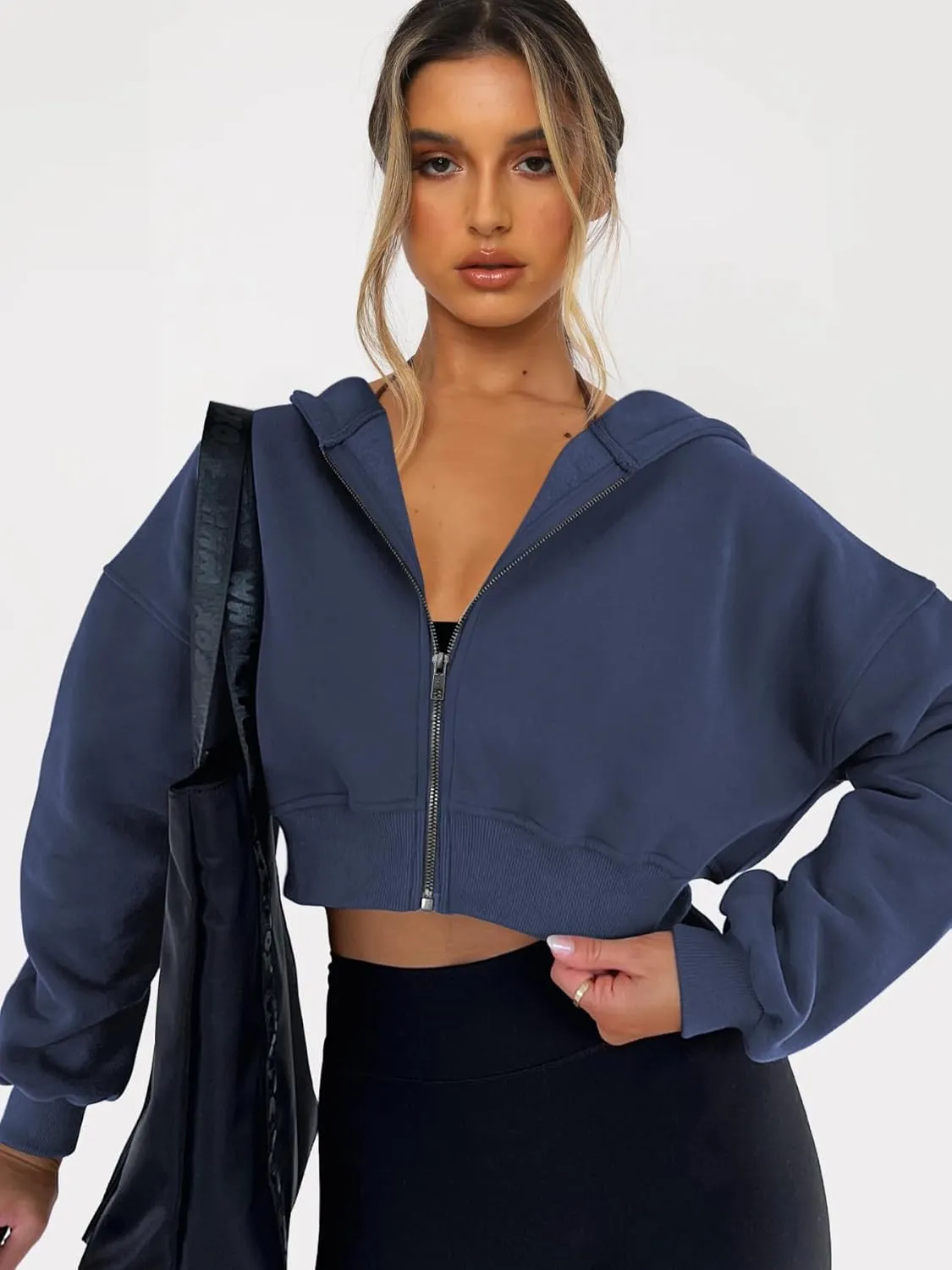 Womens Cropped Zip Up Hoodies Loose Fleece Sweatshirts Casual Hooded Jackets Trendy Y2K Clothes