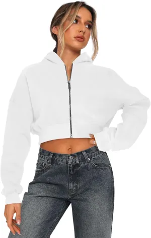 Womens Cropped Zip Up Hoodies Loose Fleece Sweatshirts Casual Hooded Jackets Trendy Y2K Clothes