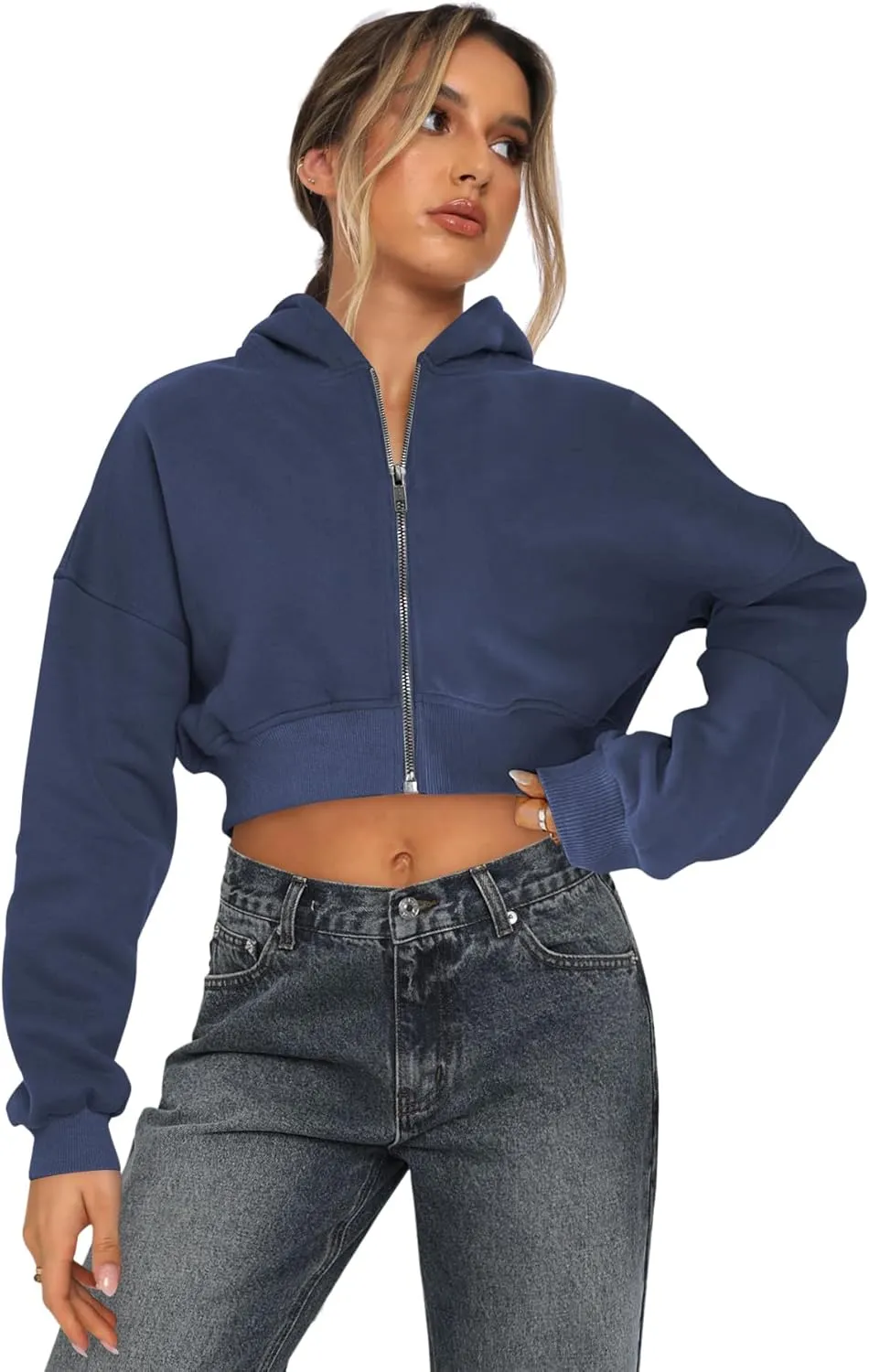 Womens Cropped Zip Up Hoodies Loose Fleece Sweatshirts Casual Hooded Jackets Trendy Y2K Clothes