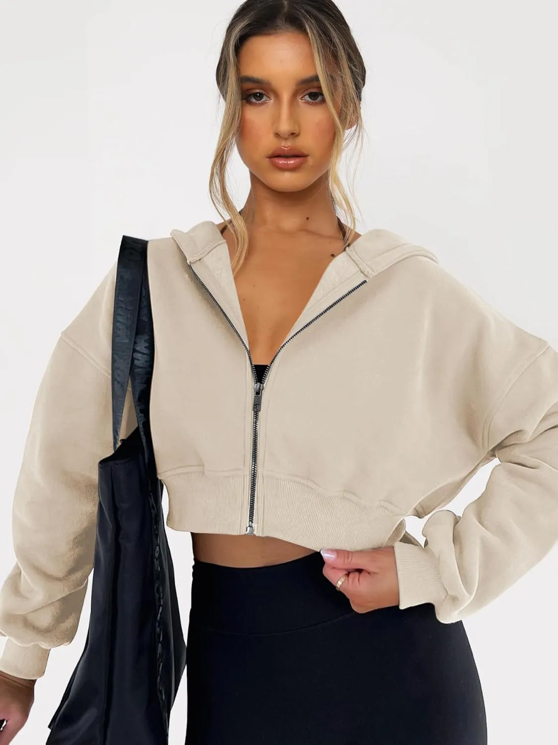 Womens Cropped Zip Up Hoodies Loose Fleece Sweatshirts Casual Hooded Jackets Trendy Y2K Clothes