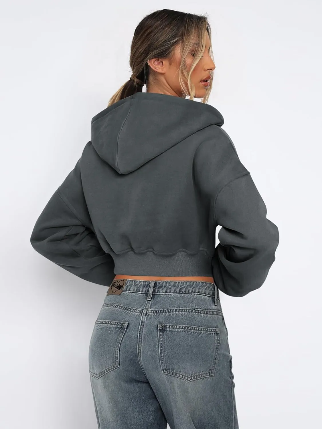 Womens Cropped Zip Up Hoodies Loose Fleece Sweatshirts Casual Hooded Jackets Trendy Y2K Clothes