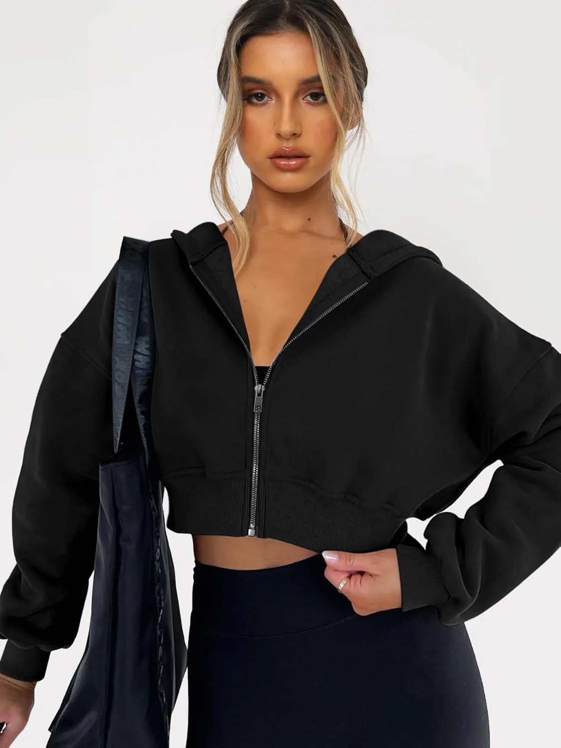 Womens Cropped Zip Up Hoodies Loose Fleece Sweatshirts Casual Hooded Jackets Trendy Y2K Clothes
