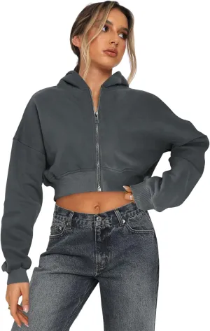 Womens Cropped Zip Up Hoodies Loose Fleece Sweatshirts Casual Hooded Jackets Trendy Y2K Clothes