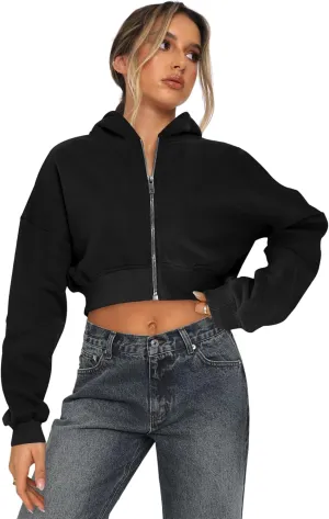 Womens Cropped Zip Up Hoodies Loose Fleece Sweatshirts Casual Hooded Jackets Trendy Y2K Clothes