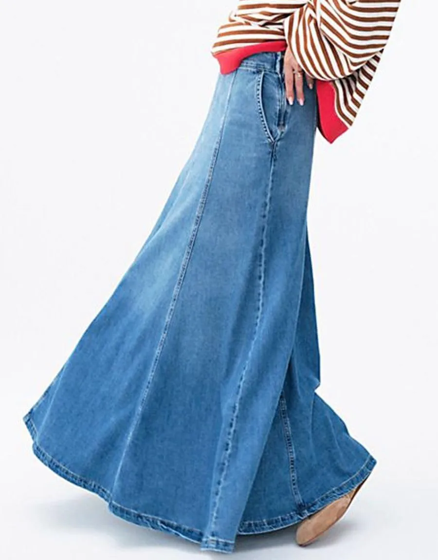 Women's Denim Long Skirt High Waist Floor Length Flare A Line Maxi Jean Skirts with Pockets