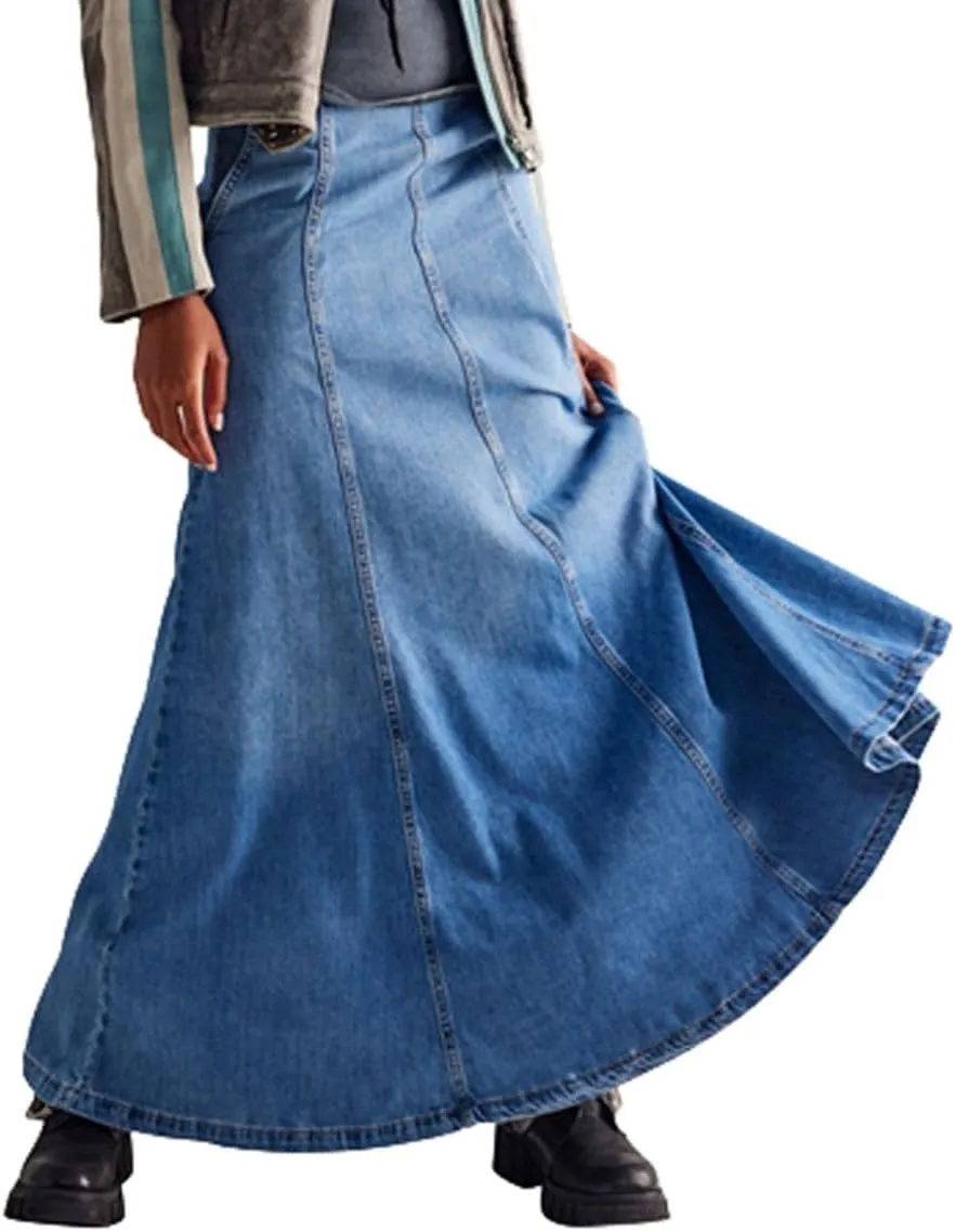 Women's Denim Long Skirt High Waist Floor Length Flare A Line Maxi Jean Skirts with Pockets