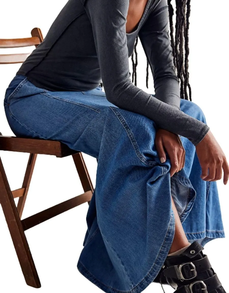Women's Denim Long Skirt High Waist Floor Length Flare A Line Maxi Jean Skirts with Pockets