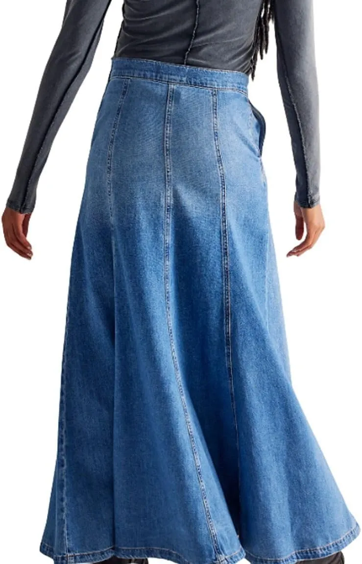Women's Denim Long Skirt High Waist Floor Length Flare A Line Maxi Jean Skirts with Pockets