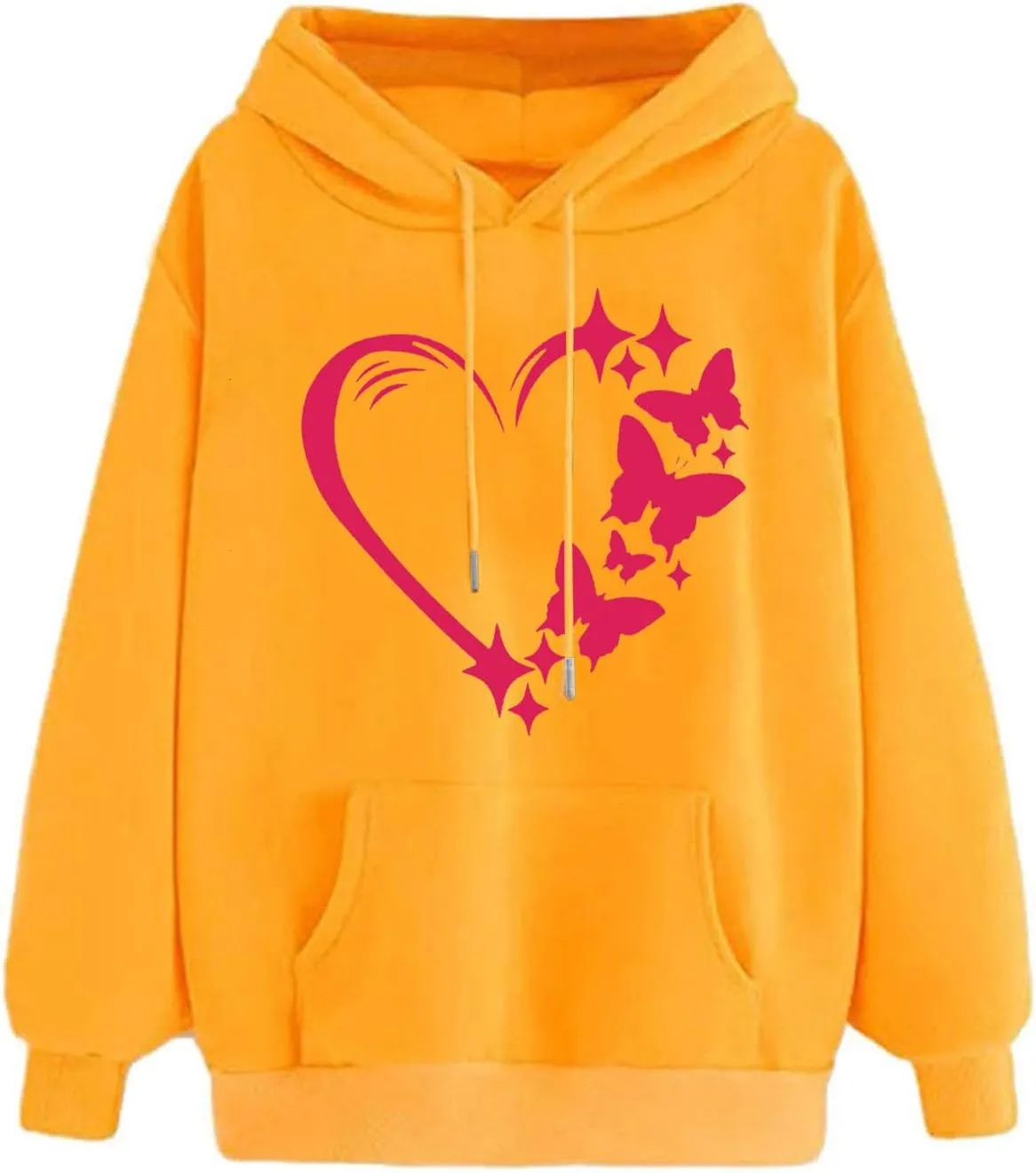 Womens Fashion Graphic Hoodies Long Sleeve Heart Print Drawstring Pocket Loose Fitted Casual Sweatshirt Pullover Tops