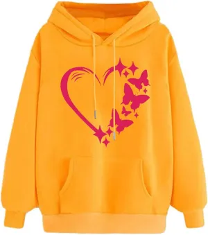 Womens Fashion Graphic Hoodies Long Sleeve Heart Print Drawstring Pocket Loose Fitted Casual Sweatshirt Pullover Tops