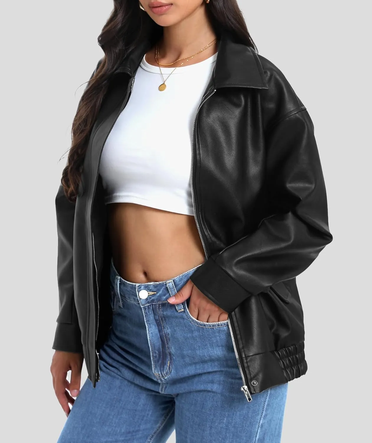 Women's Faux Leather Jackets Long Sleeve Zipper Oversized Motorcycle Biker Coat Trendy Travel Casual Outfits