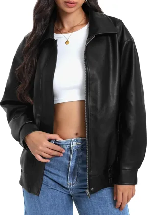Women's Faux Leather Jackets Long Sleeve Zipper Oversized Motorcycle Biker Coat Trendy Travel Casual Outfits