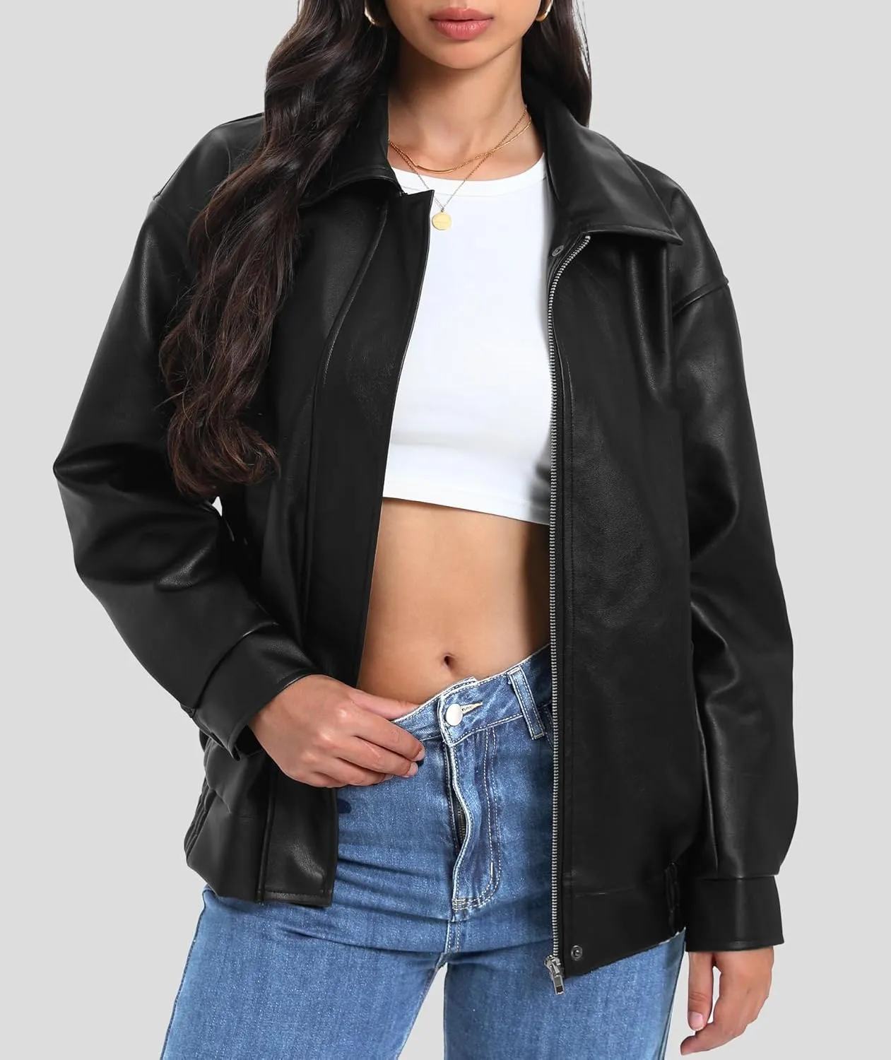 Women's Faux Leather Jackets Long Sleeve Zipper Oversized Motorcycle Biker Coat Trendy Travel Casual Outfits