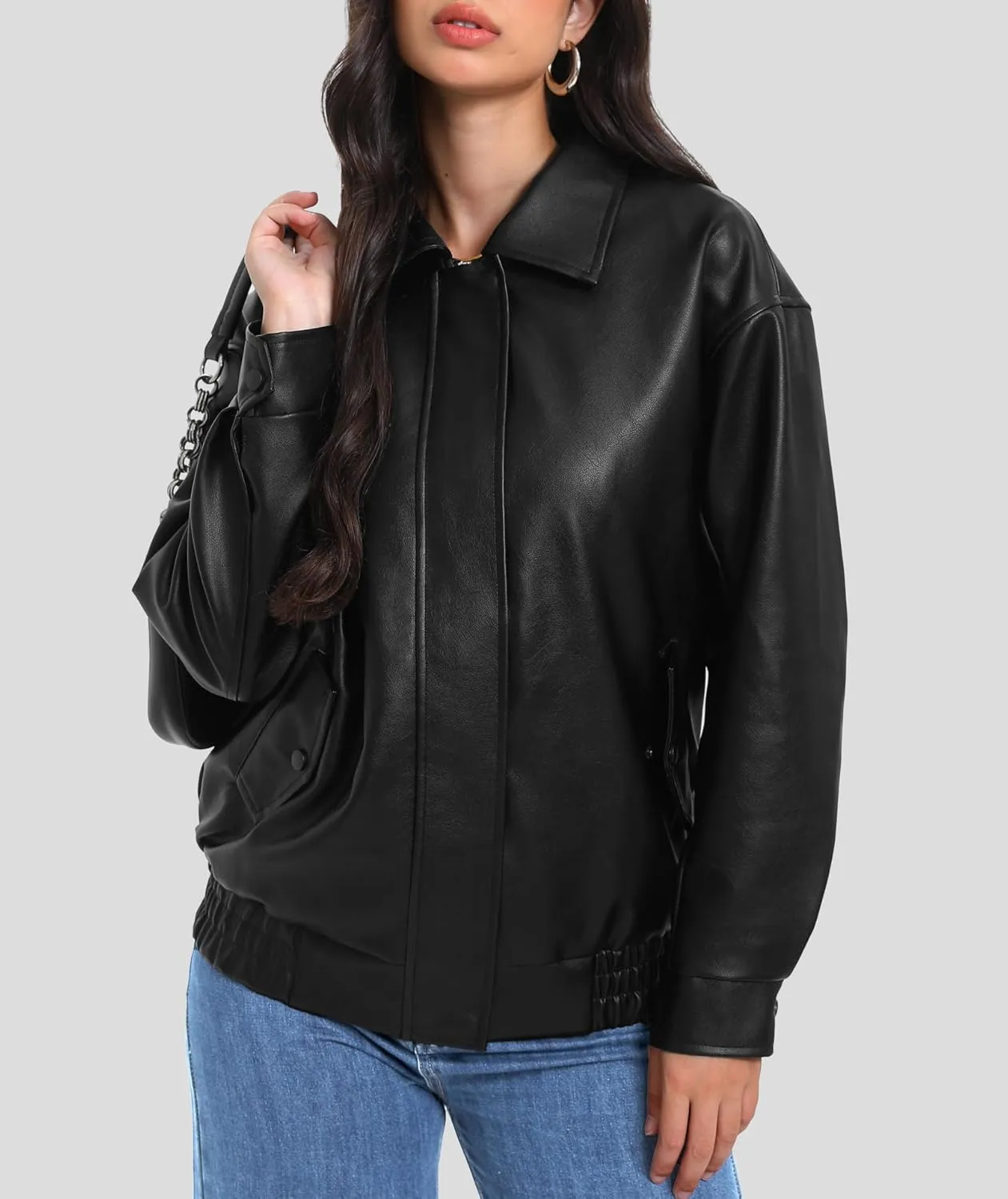 Women's Faux Leather Jackets Long Sleeve Zipper Oversized Motorcycle Biker Coat Trendy Travel Casual Outfits