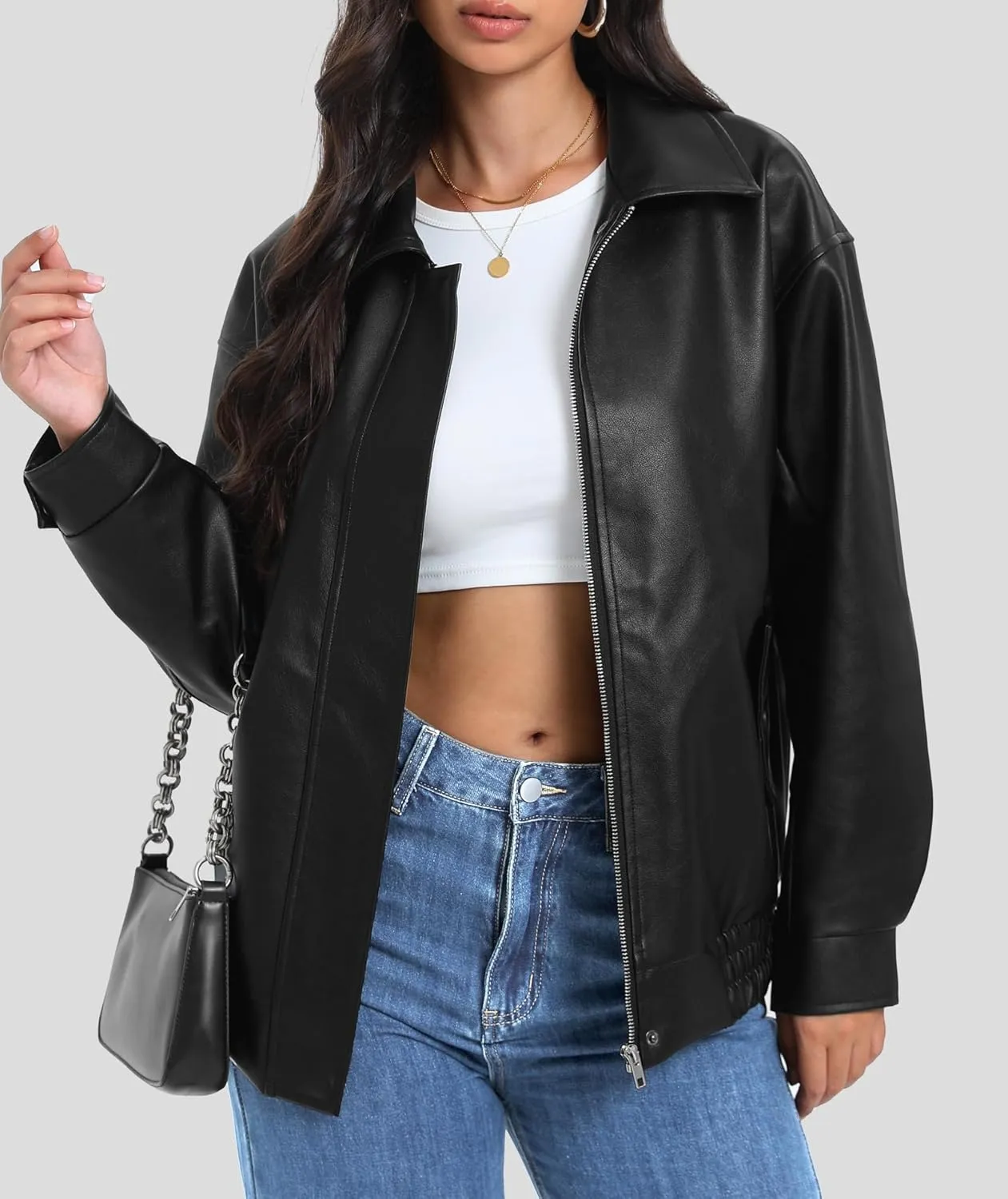 Women's Faux Leather Jackets Long Sleeve Zipper Oversized Motorcycle Biker Coat Trendy Travel Casual Outfits