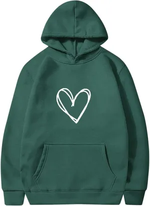 Womens Heart Print Hoodies Trendy Long Sleeve Love Graphic Sweatshirt Loose Casual Cute Fall Pullover Top with Pocket