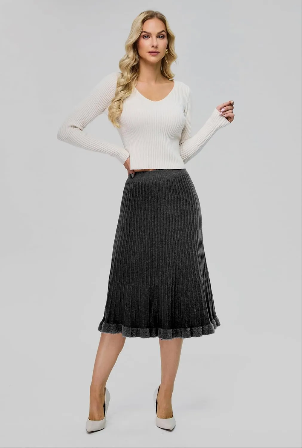 Women's Knit Skirt Midi Pleated Skirts, High Waist Elastic A Line Long Sweater Skirts for 2024 Fall Winter