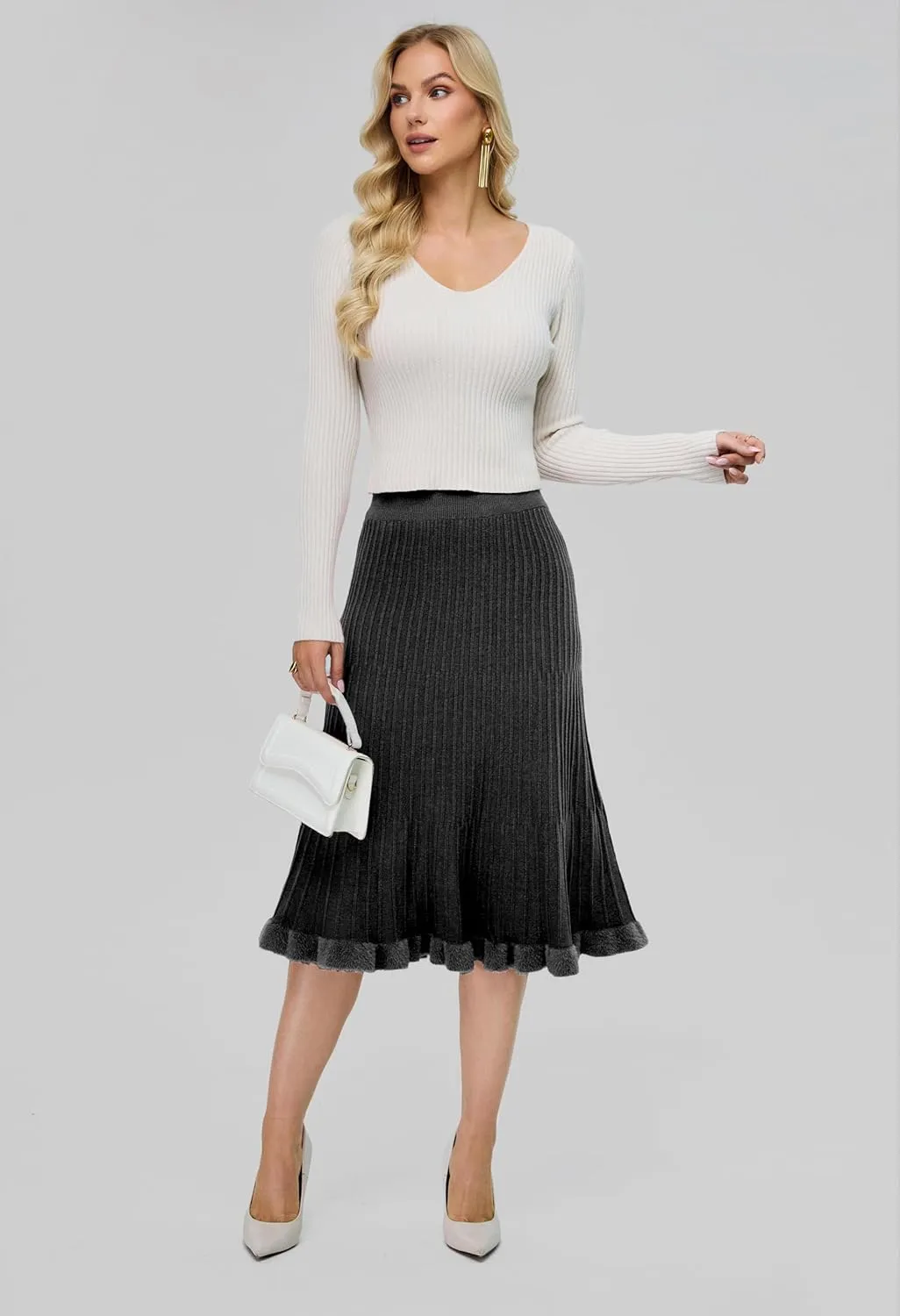 Women's Knit Skirt Midi Pleated Skirts, High Waist Elastic A Line Long Sweater Skirts for 2024 Fall Winter