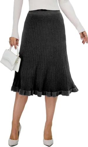 Women's Knit Skirt Midi Pleated Skirts, High Waist Elastic A Line Long Sweater Skirts for 2024 Fall Winter