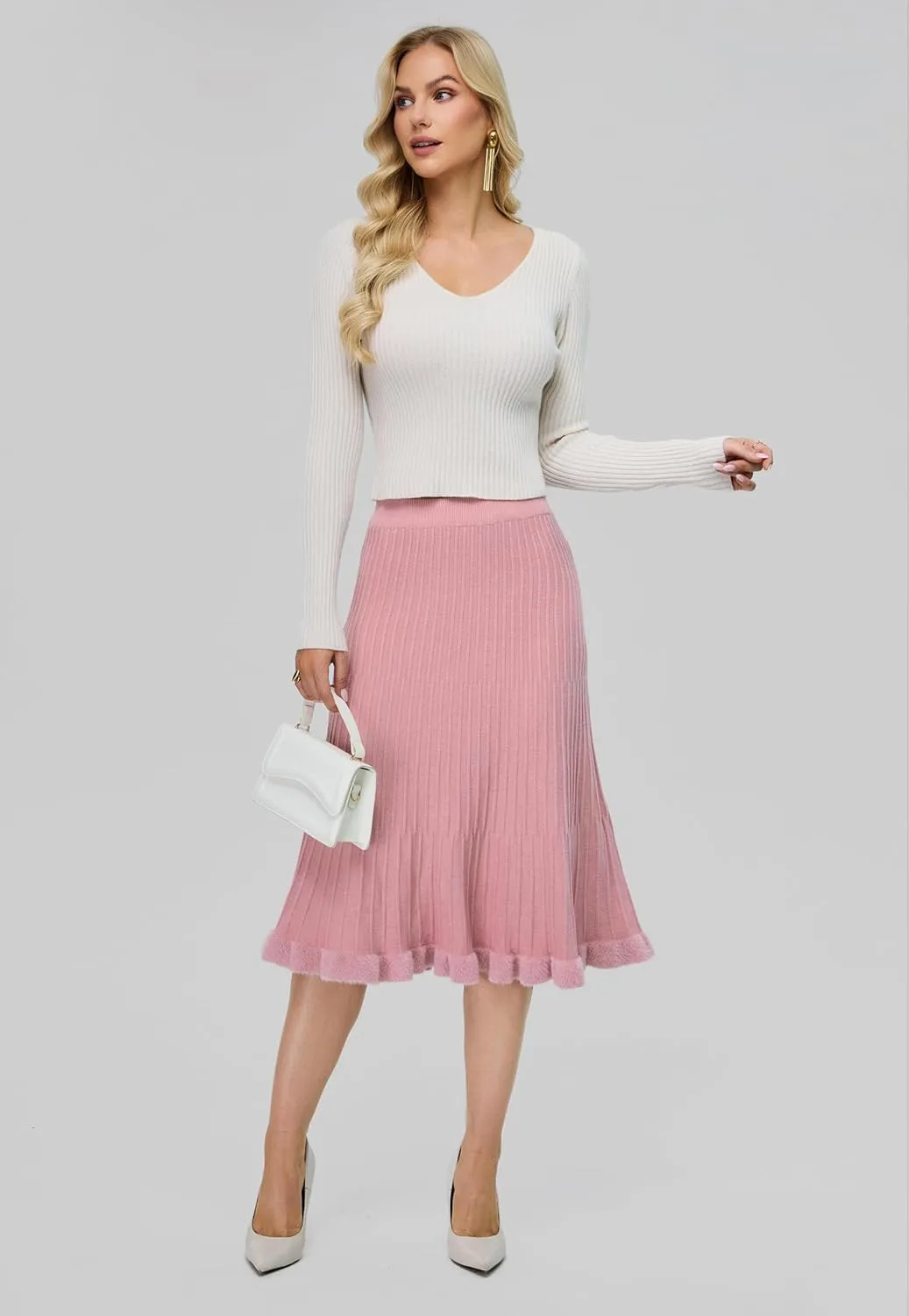 Women's Knit Skirt Midi Pleated Skirts, High Waist Elastic A Line Long Sweater Skirts for 2024 Fall Winter