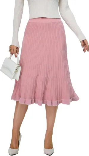 Women's Knit Skirt Midi Pleated Skirts, High Waist Elastic A Line Long Sweater Skirts for 2024 Fall Winter