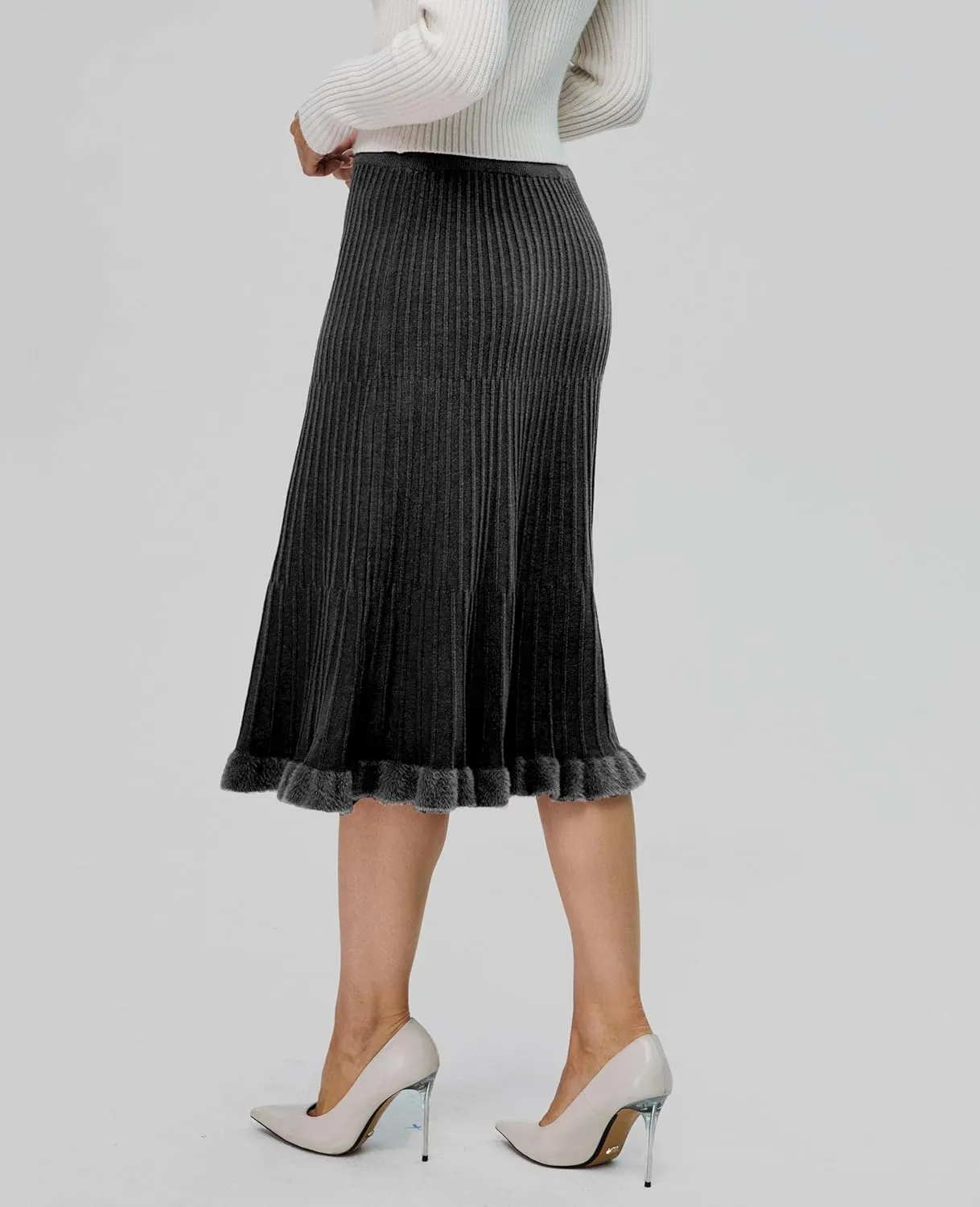 Women's Knit Skirt Midi Pleated Skirts, High Waist Elastic A Line Long Sweater Skirts for 2024 Fall Winter