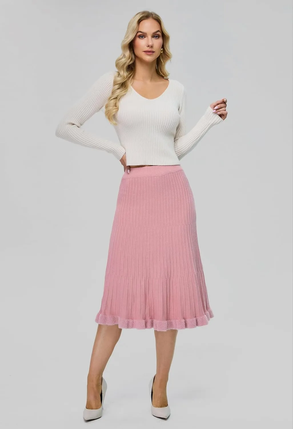 Women's Knit Skirt Midi Pleated Skirts, High Waist Elastic A Line Long Sweater Skirts for 2024 Fall Winter