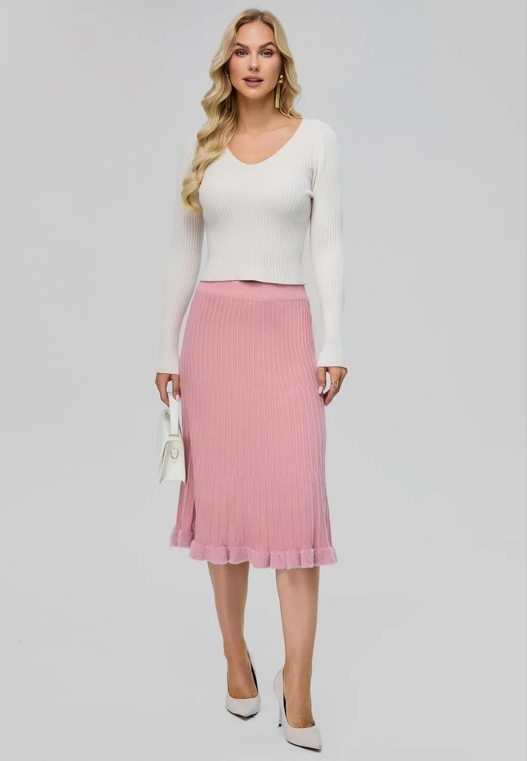 Women's Knit Skirt Midi Pleated Skirts, High Waist Elastic A Line Long Sweater Skirts for 2024 Fall Winter