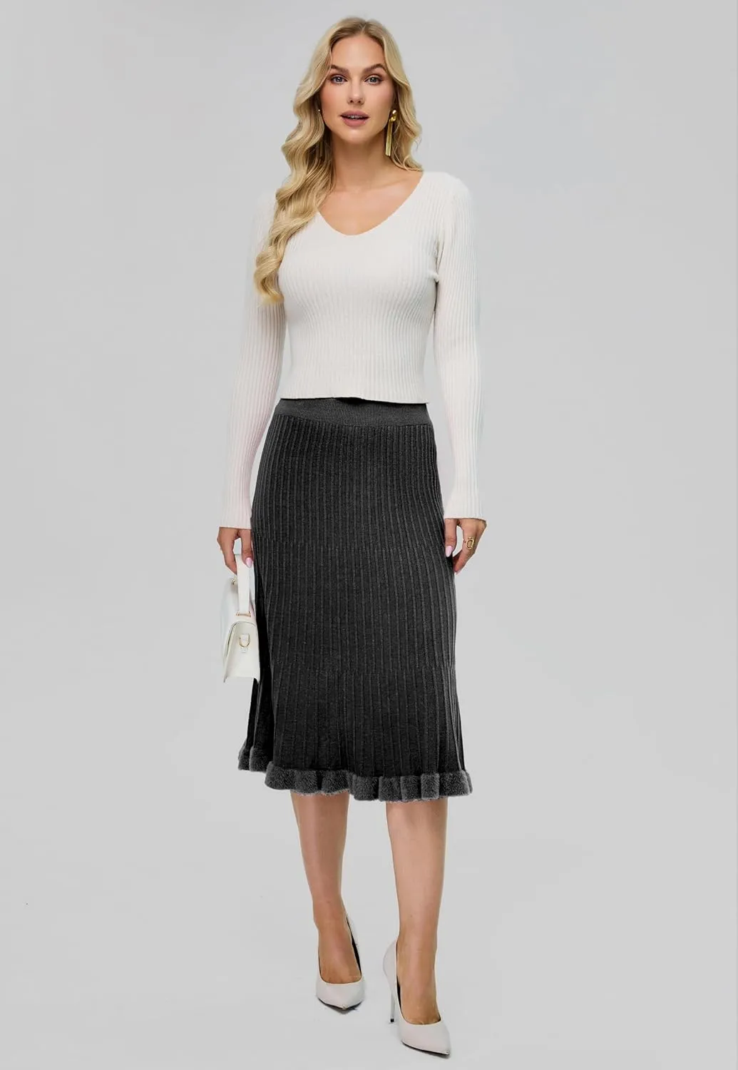 Women's Knit Skirt Midi Pleated Skirts, High Waist Elastic A Line Long Sweater Skirts for 2024 Fall Winter