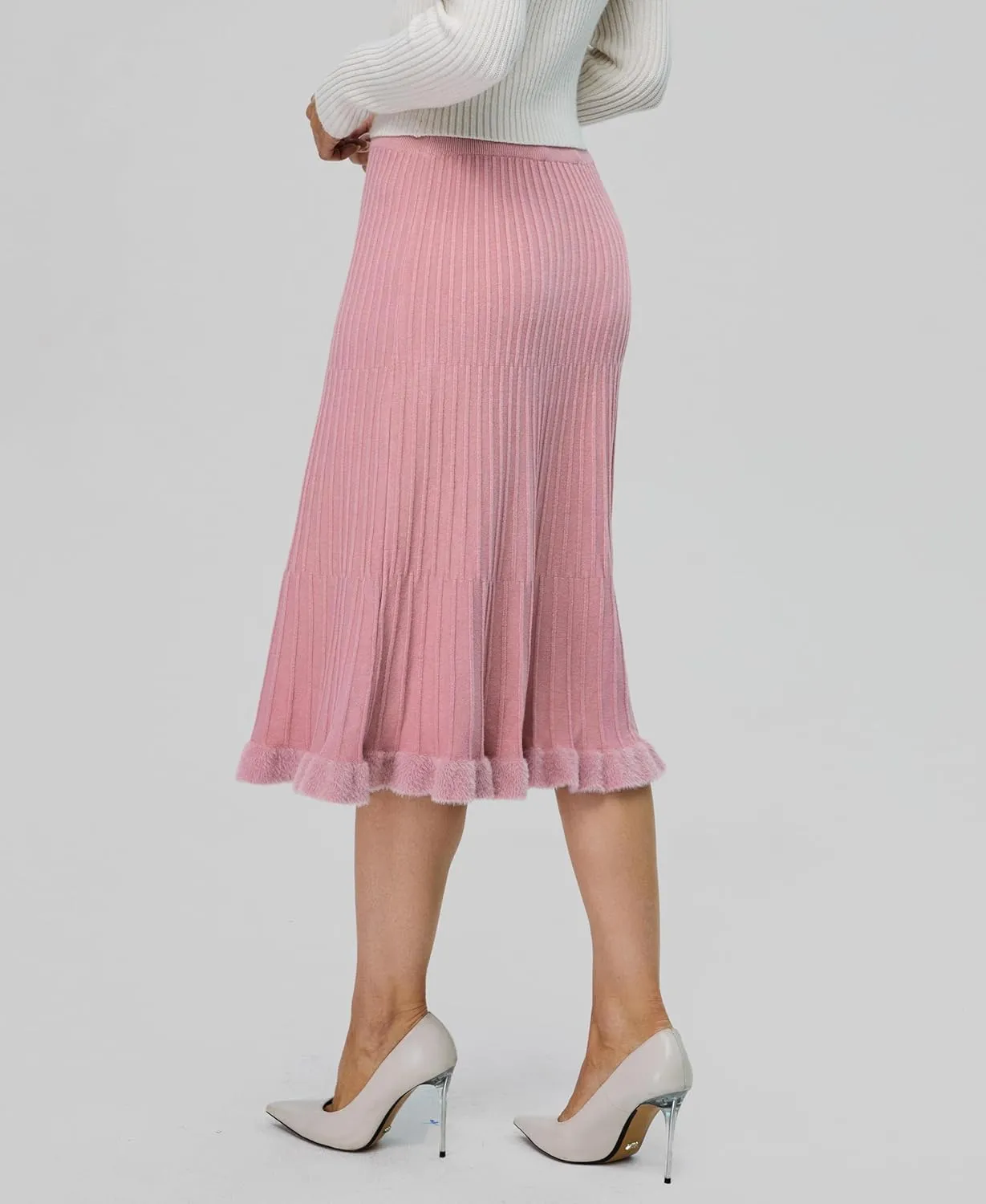 Women's Knit Skirt Midi Pleated Skirts, High Waist Elastic A Line Long Sweater Skirts for 2024 Fall Winter