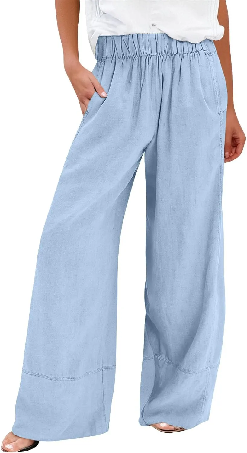 Womens Linen Pants Summer Cotton High Waist Palazzo Pants Baggy Casual Relaxed Fit Flowy Boho Beach Trousers Pockets