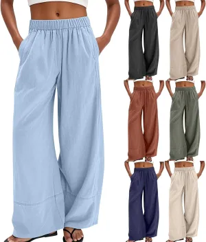 Womens Linen Pants Summer Cotton High Waist Palazzo Pants Baggy Casual Relaxed Fit Flowy Boho Beach Trousers Pockets