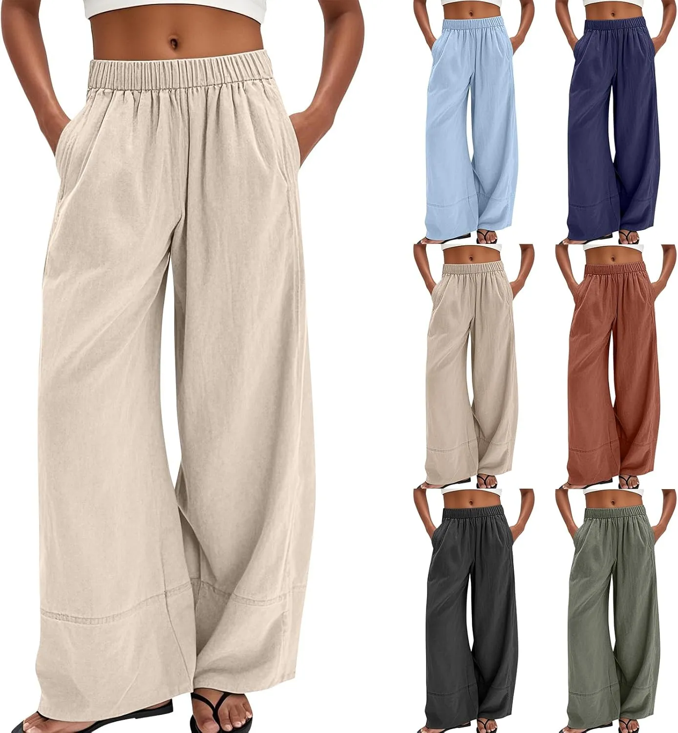 Womens Linen Pants Summer Cotton High Waist Palazzo Pants Baggy Casual Relaxed Fit Flowy Boho Beach Trousers Pockets