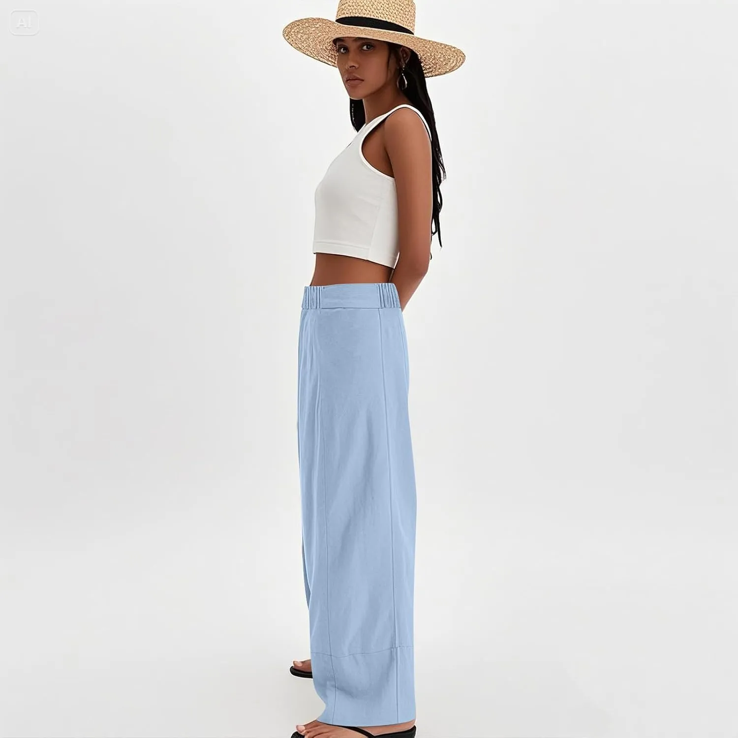 Womens Linen Pants Summer Cotton High Waist Palazzo Pants Baggy Casual Relaxed Fit Flowy Boho Beach Trousers Pockets