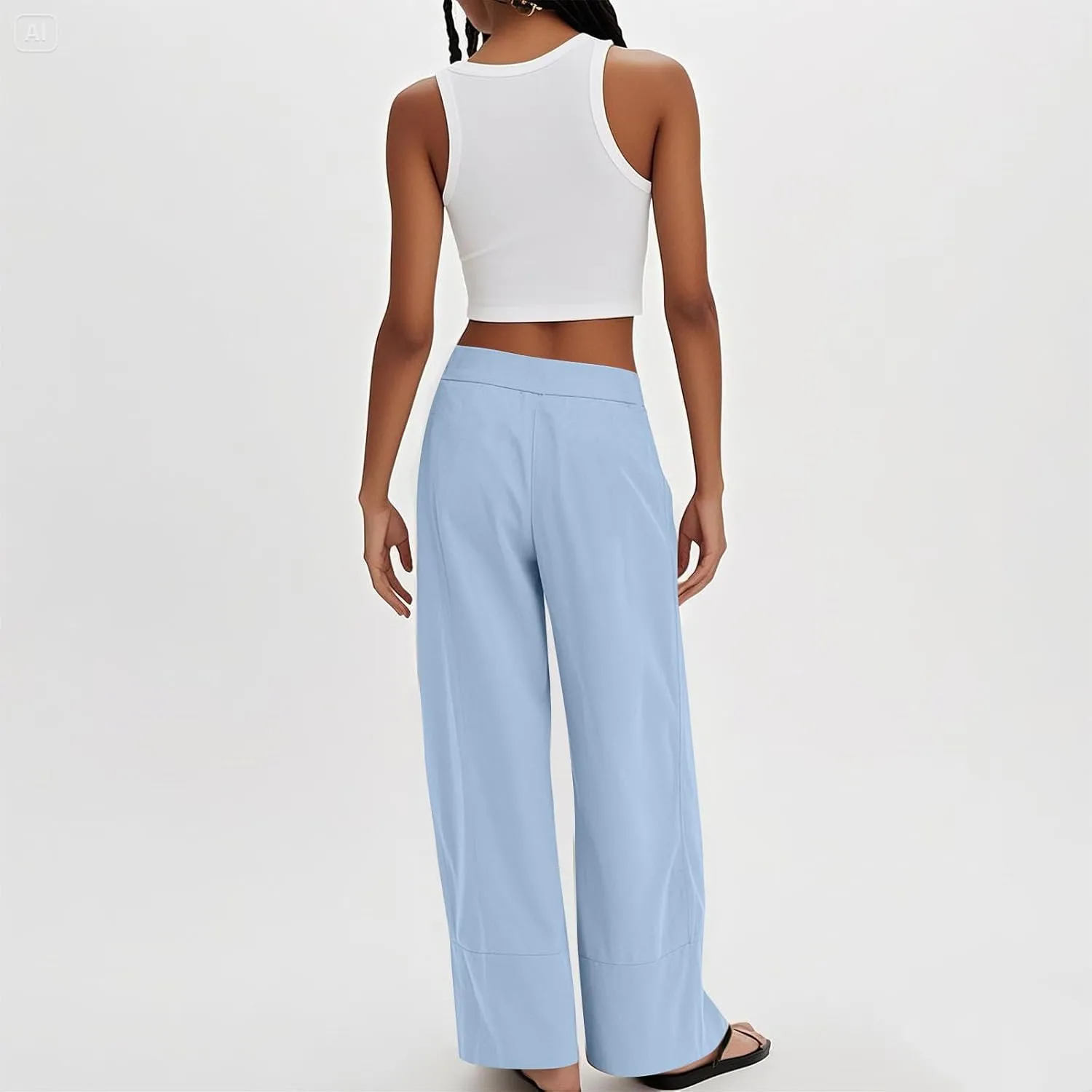 Womens Linen Pants Summer Cotton High Waist Palazzo Pants Baggy Casual Relaxed Fit Flowy Boho Beach Trousers Pockets