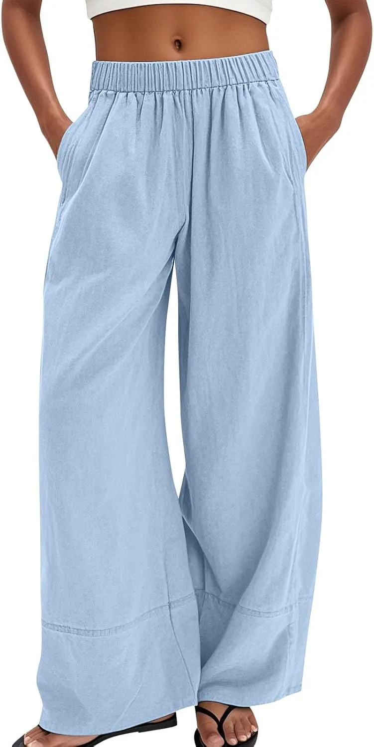 Womens Linen Pants Summer Cotton High Waist Palazzo Pants Baggy Casual Relaxed Fit Flowy Boho Beach Trousers Pockets