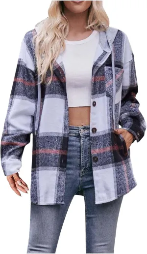 Womens Long Sleeve Plaid Shirts Button Down Flannel Hoodie Oversized Casual Fall Clothes Shacket Jacket Trendy 2023