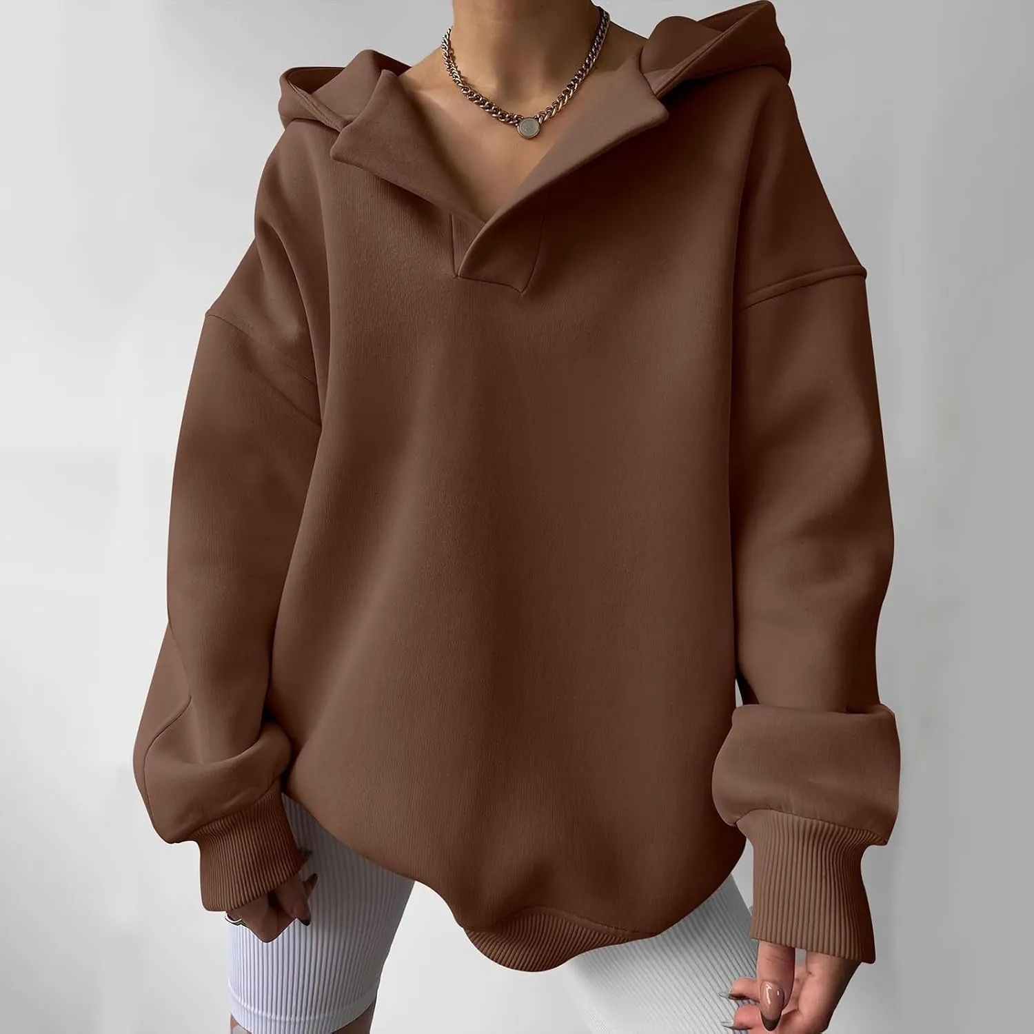 Womens Oversized Hoodie V Neck Sweatshirts 2024 Fall Tunic Pullover Top Trendy Teen Girls Preppy Clothes