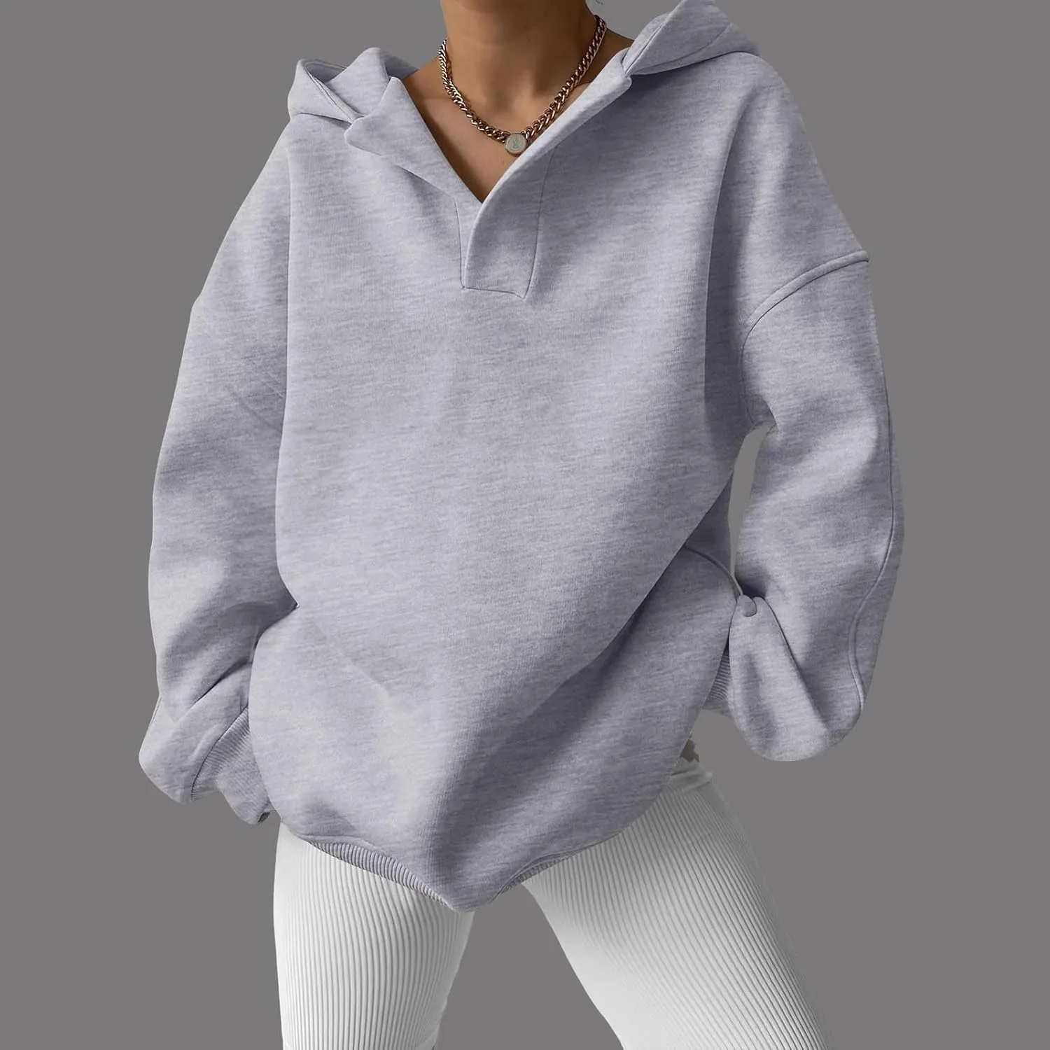 Womens Oversized Hoodie V Neck Sweatshirts 2024 Fall Tunic Pullover Top Trendy Teen Girls Preppy Clothes