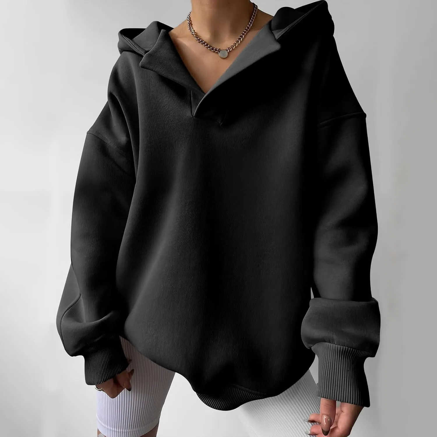Womens Oversized Hoodie V Neck Sweatshirts 2024 Fall Tunic Pullover Top Trendy Teen Girls Preppy Clothes