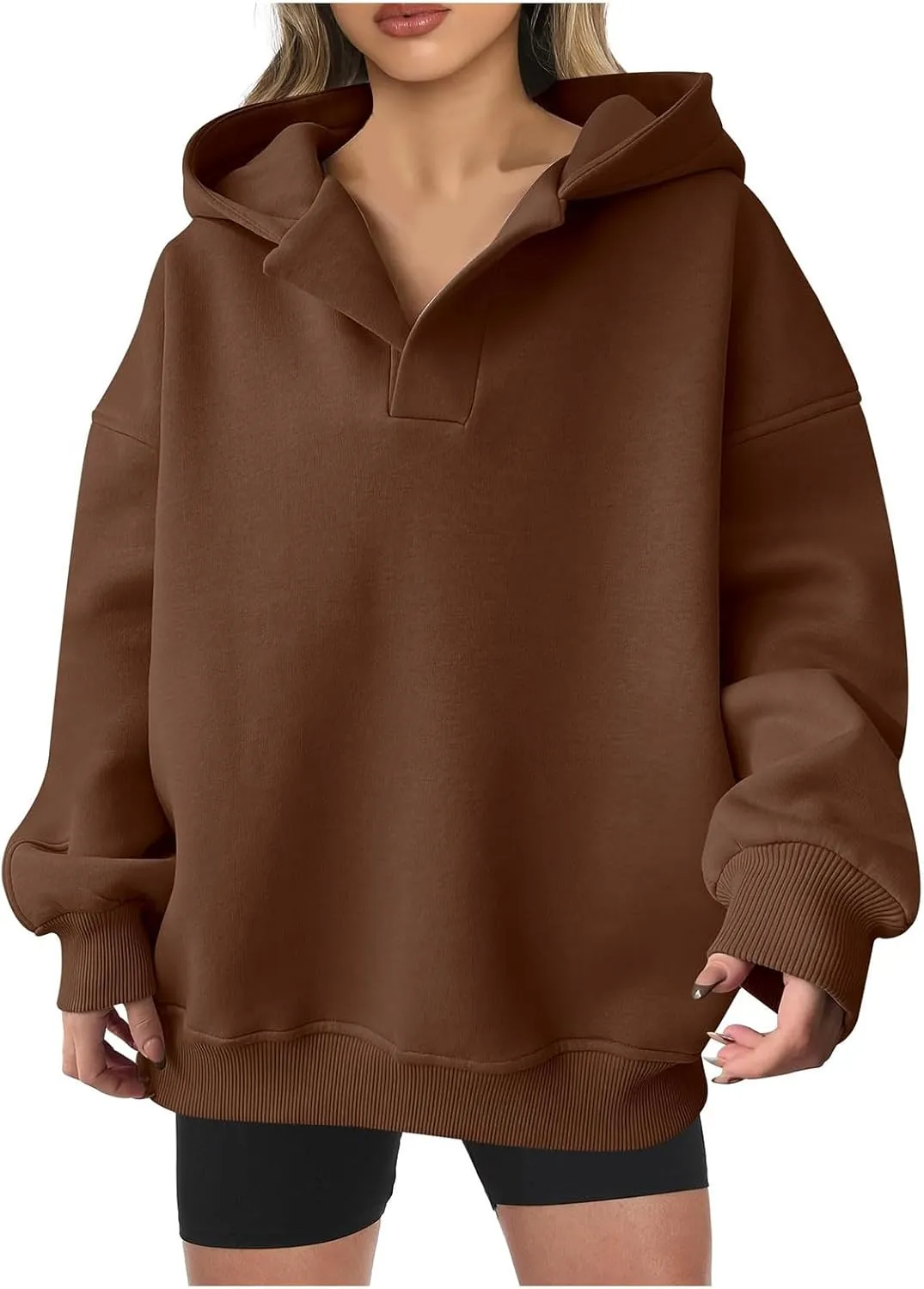 Womens Oversized Hoodie V Neck Sweatshirts 2024 Fall Tunic Pullover Top Trendy Teen Girls Preppy Clothes