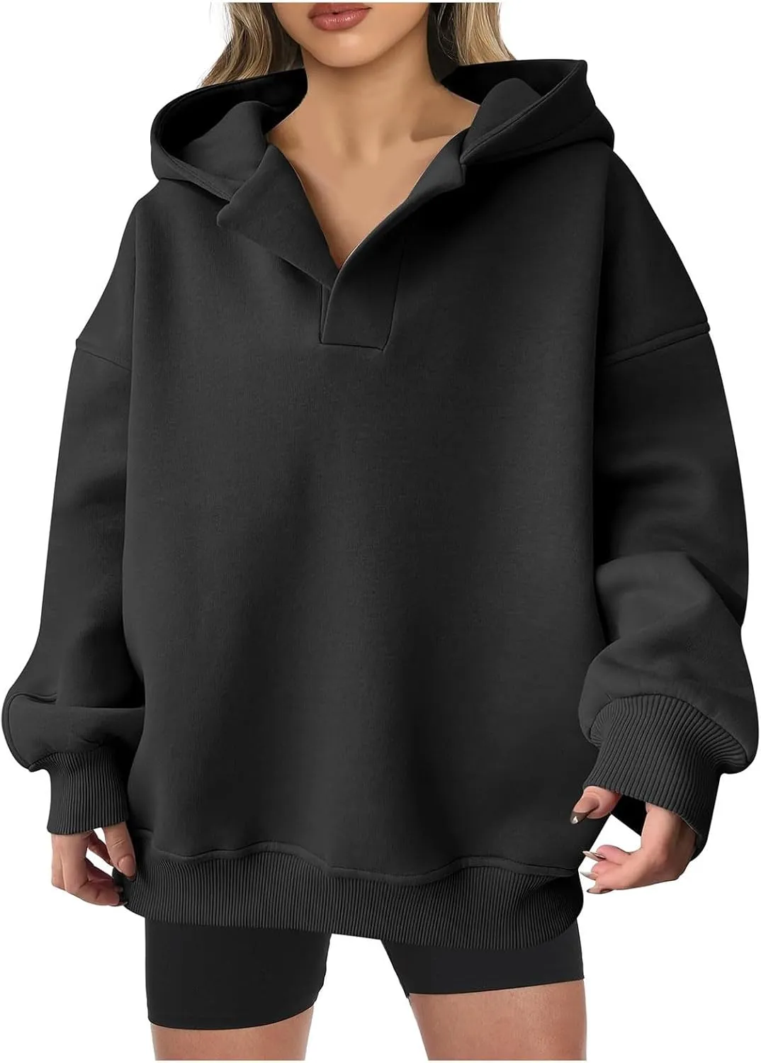 Womens Oversized Hoodie V Neck Sweatshirts 2024 Fall Tunic Pullover Top Trendy Teen Girls Preppy Clothes