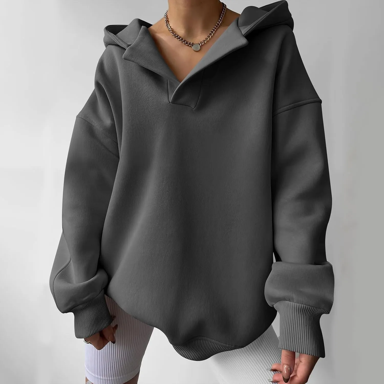 Womens Oversized Hoodie V Neck Sweatshirts 2024 Fall Tunic Pullover Top Trendy Teen Girls Preppy Clothes