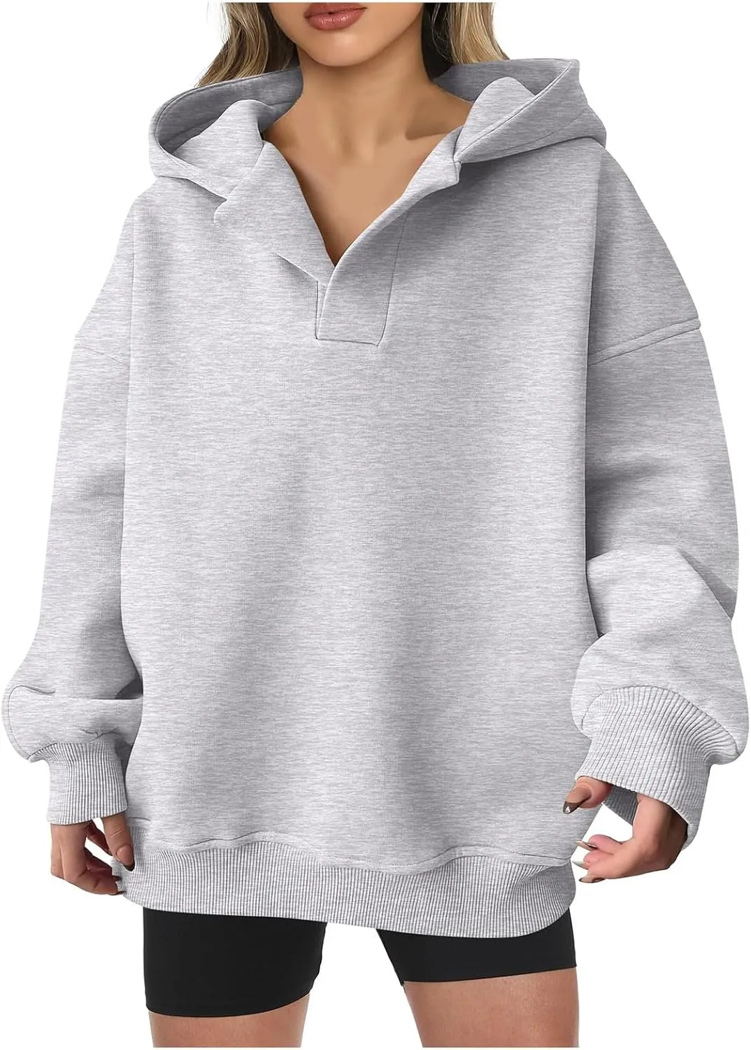 Womens Oversized Hoodie V Neck Sweatshirts 2024 Fall Tunic Pullover Top Trendy Teen Girls Preppy Clothes