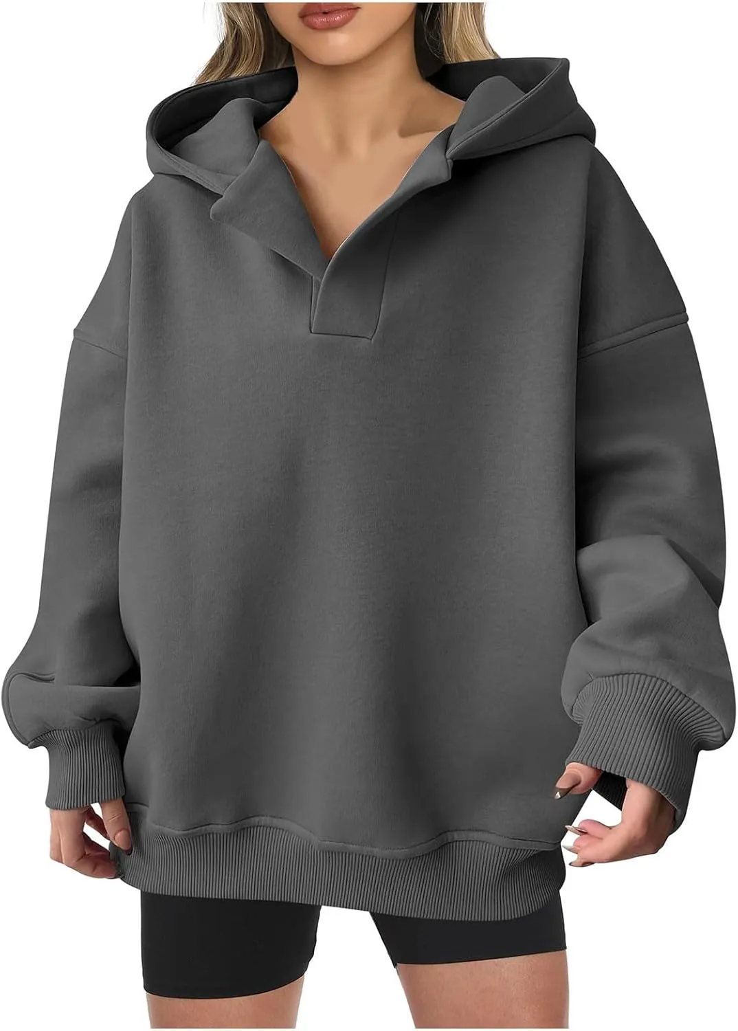 Womens Oversized Hoodie V Neck Sweatshirts 2024 Fall Tunic Pullover Top Trendy Teen Girls Preppy Clothes