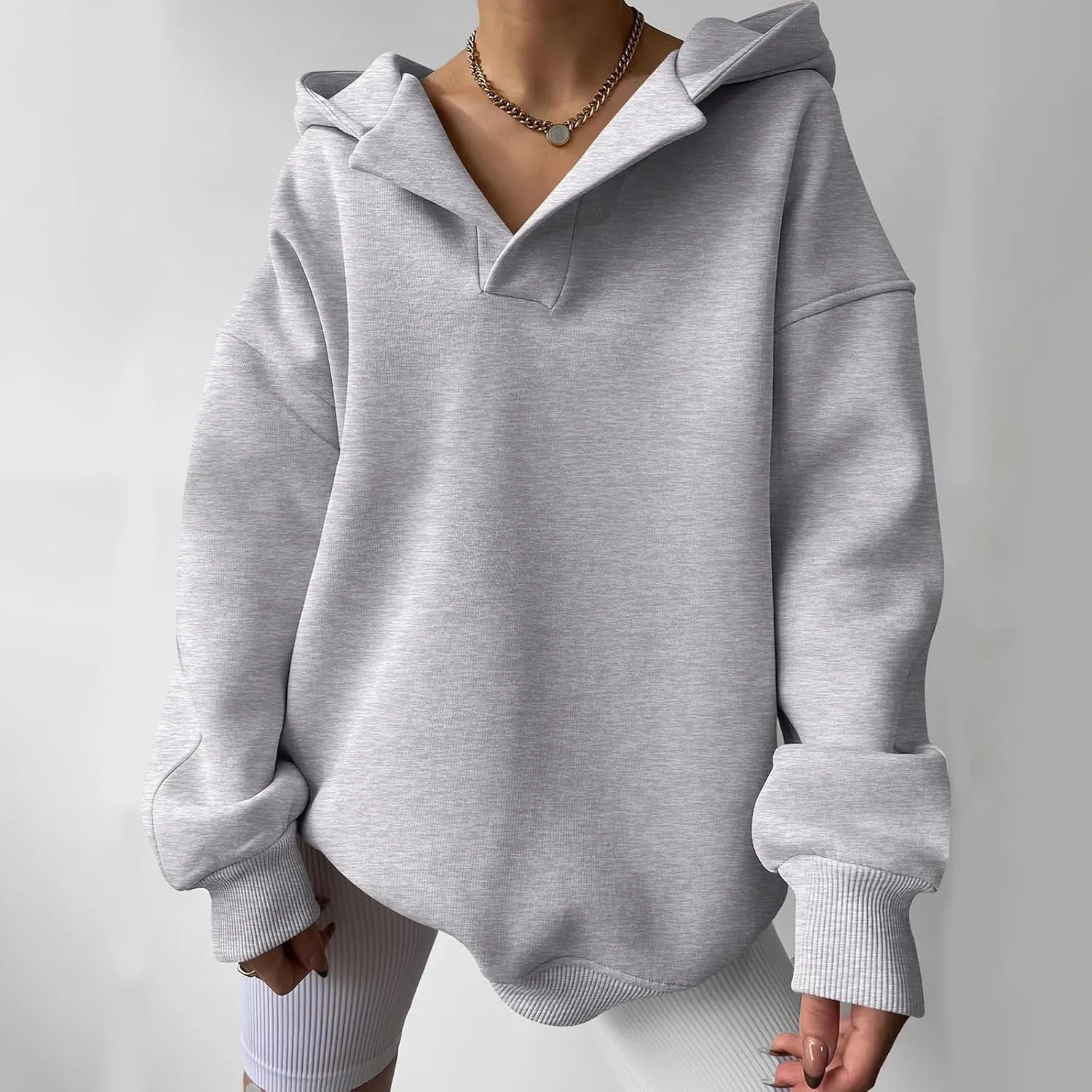 Womens Oversized Hoodie V Neck Sweatshirts 2024 Fall Tunic Pullover Top Trendy Teen Girls Preppy Clothes