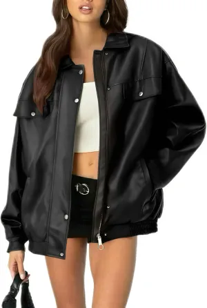 Womens Oversized Leather Jackets Faux Zip Up Motorcycle Bomber Coat Fall Trendy Winter Outfits